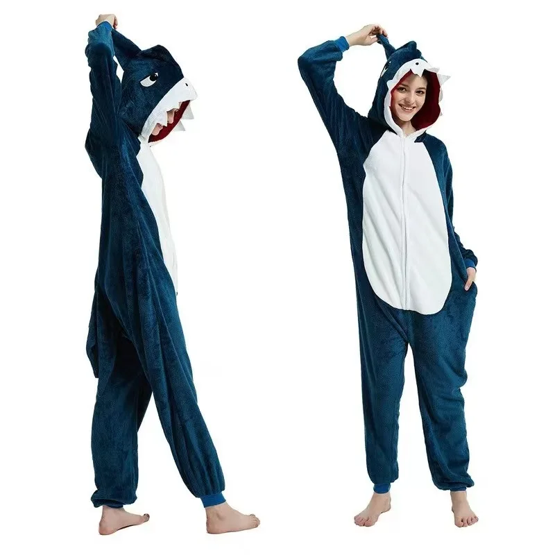 Niedliche Cartoon Hai Pyjamas Familie Flanell Stram pler grau blau rosa Halloween Kigurumi Tier Unisex Erwachsenen Hai einteiligen Pyjama