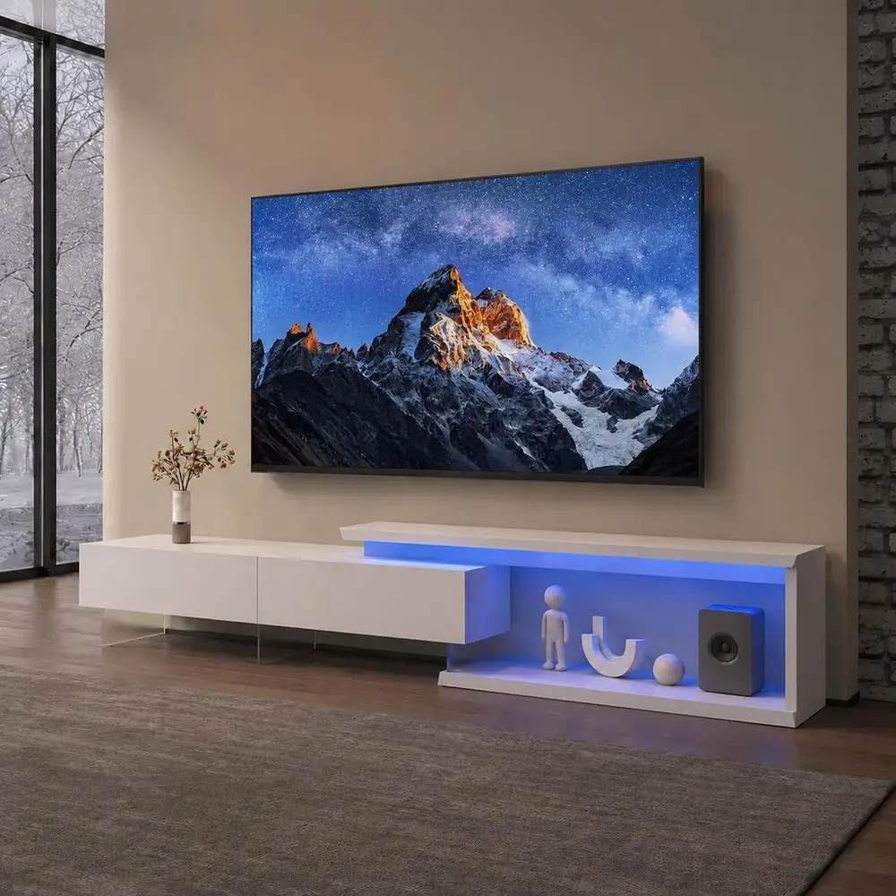 Exble LED TV Stand or 65 75 85 Inch TV, Relie Surace Entertainment Center with Light String Equipped with Two Pull-Down Door, 60