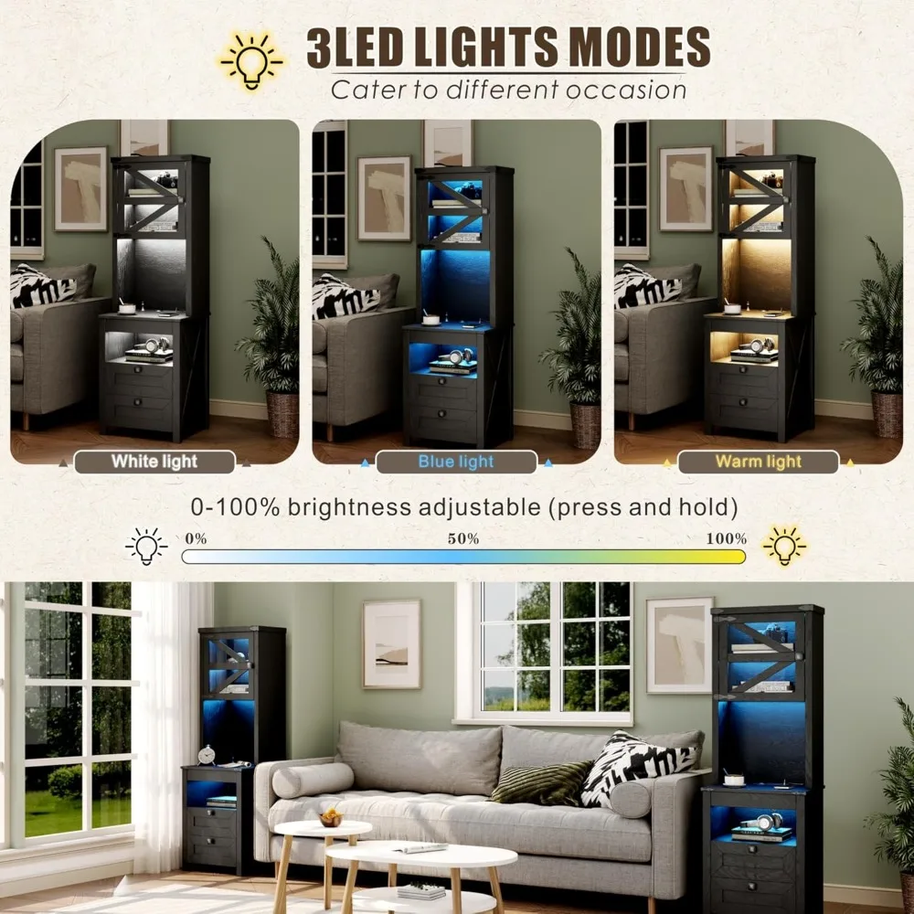 Comodino alto da fattoria con stazione di ricarica, comodino con ripiani, comodino a LED con cassetto per pistola, nero