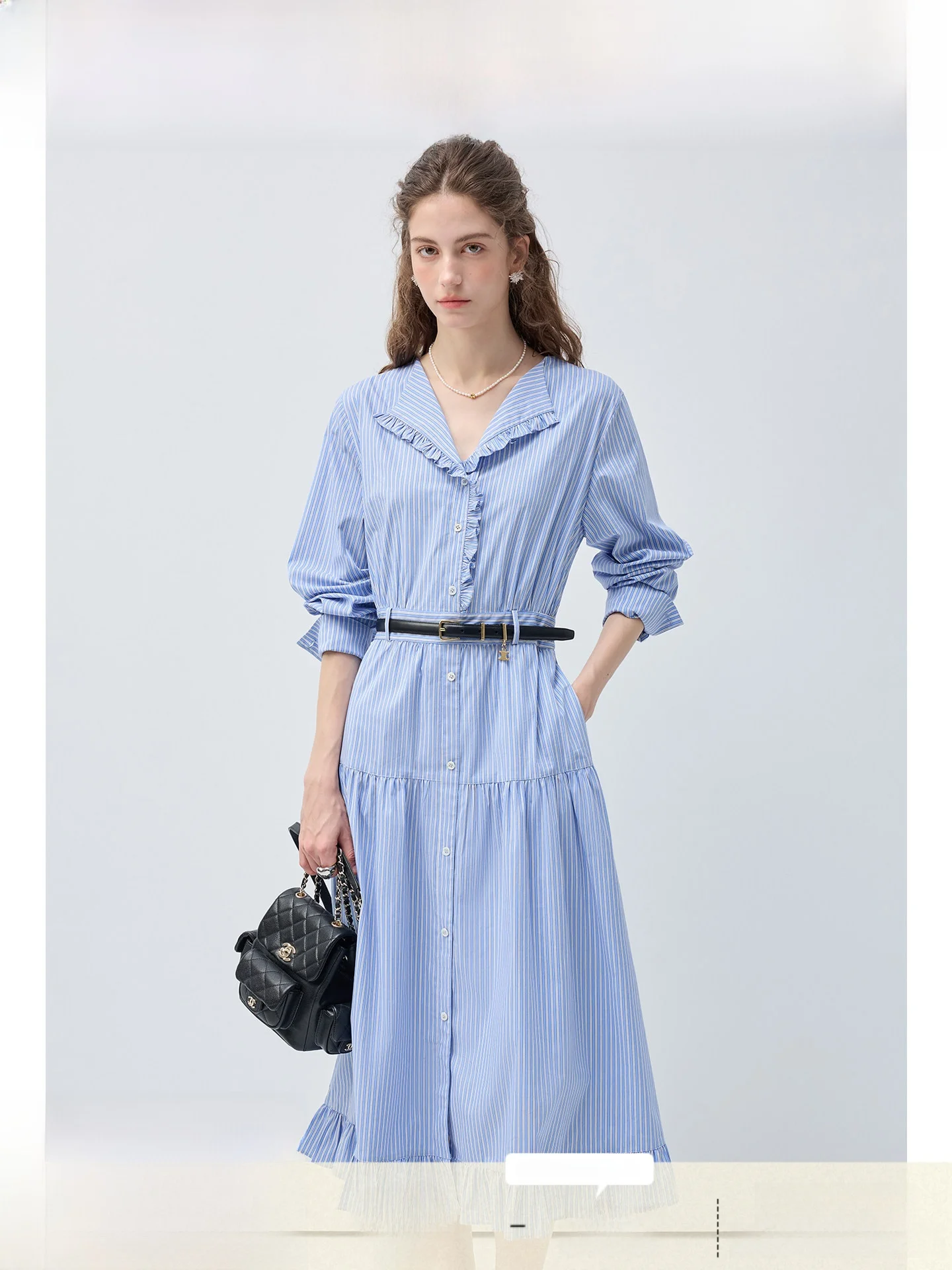 

plus Size Striped Shirt Dress High Waist Long Slimming Spring New Style Micro Plump Women's Dress French Style V-neck A-line ...