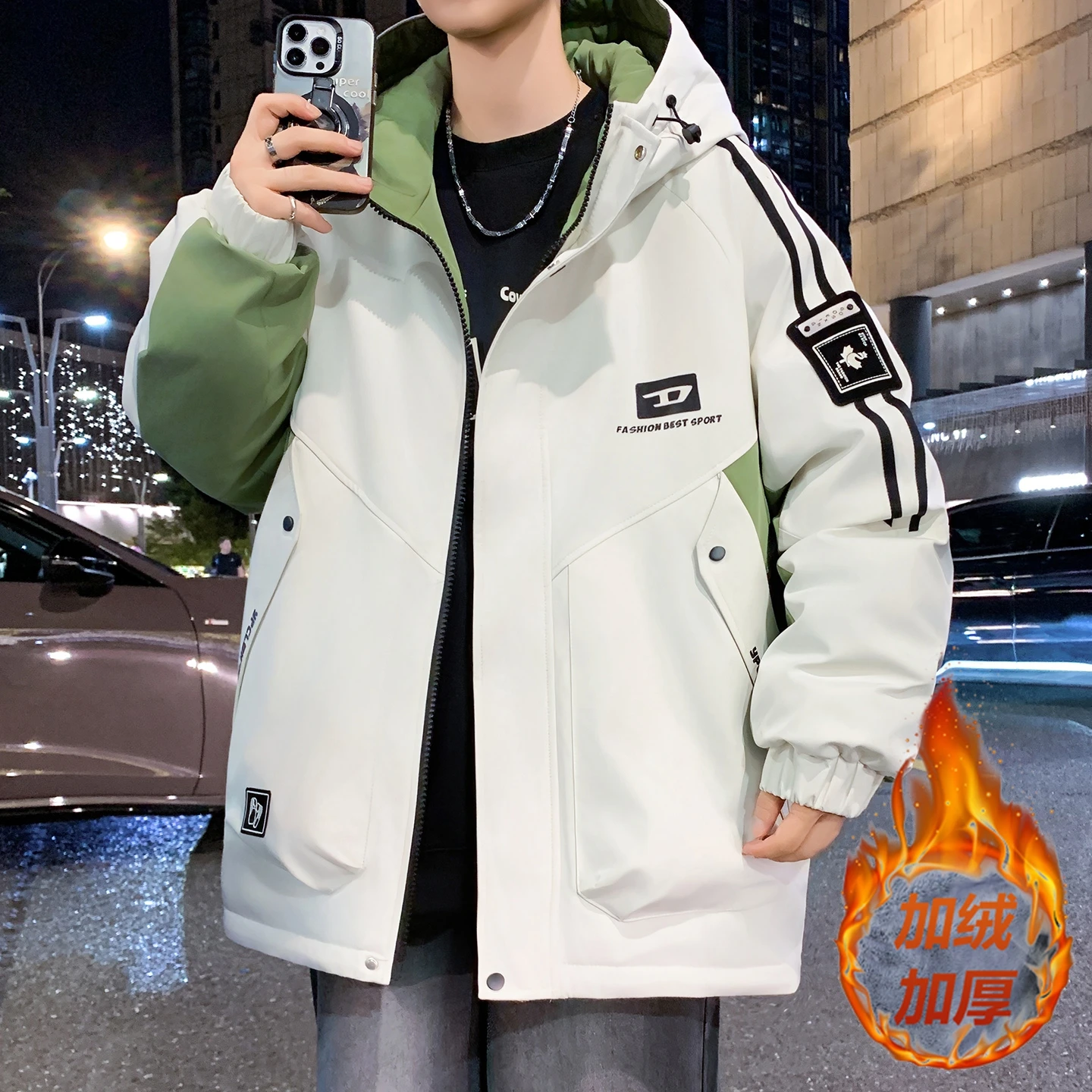 

Winter Men's Casual Warm Fleece Cotton Jacket Street Wear Windproof Loose Thick Padded Parka Coat