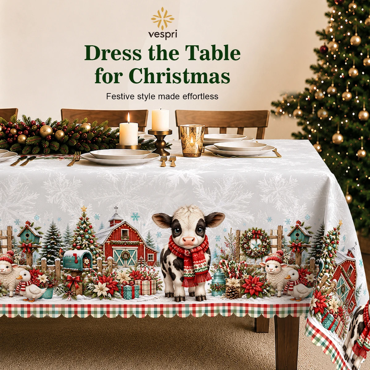 Farmhouse Tablecloth with Cow, Wreath, Snowman & Woodland for Indoor/Outdoor Camping decor, Rectangular/Round/Oval