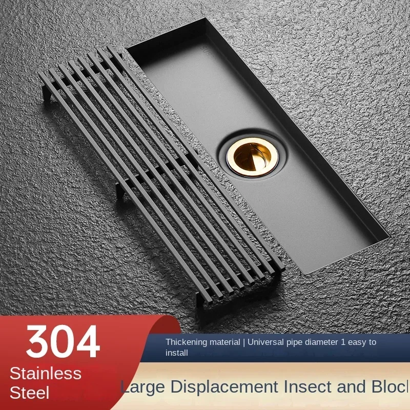 

Gun ash long strip floor drain long 304 stainless steel deodorant full copper core bathroom rectangular large displacement