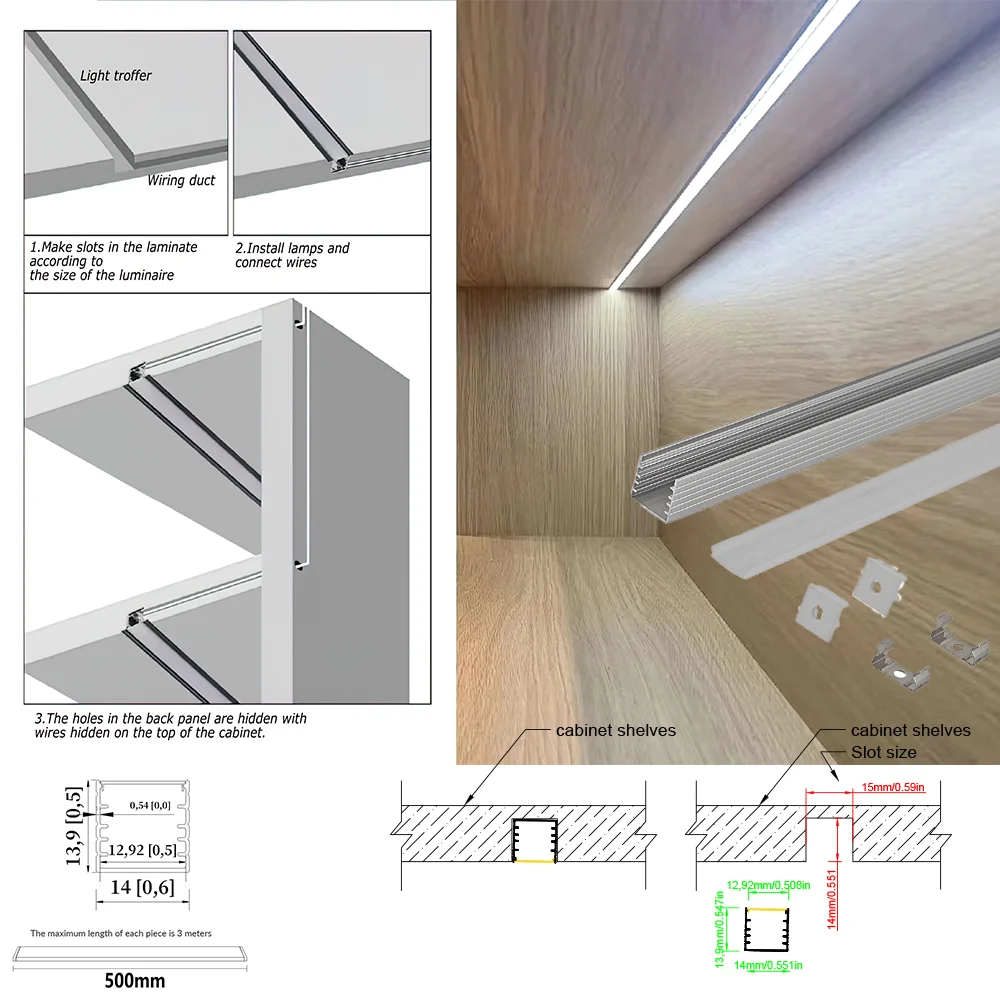 14x14mm (5pcs) 0.5m Multi-Functional LED Strip Lighting for Cabinets & Wardrobes Stylish Aluminum Profile LED Light Strips