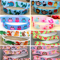 DHK 5/8'' 10yards Animals Dinosaur Fox Elephant Printed Fold Elastic FOE Stretch Ribbon Decorations Craft DIY Sewing B2322