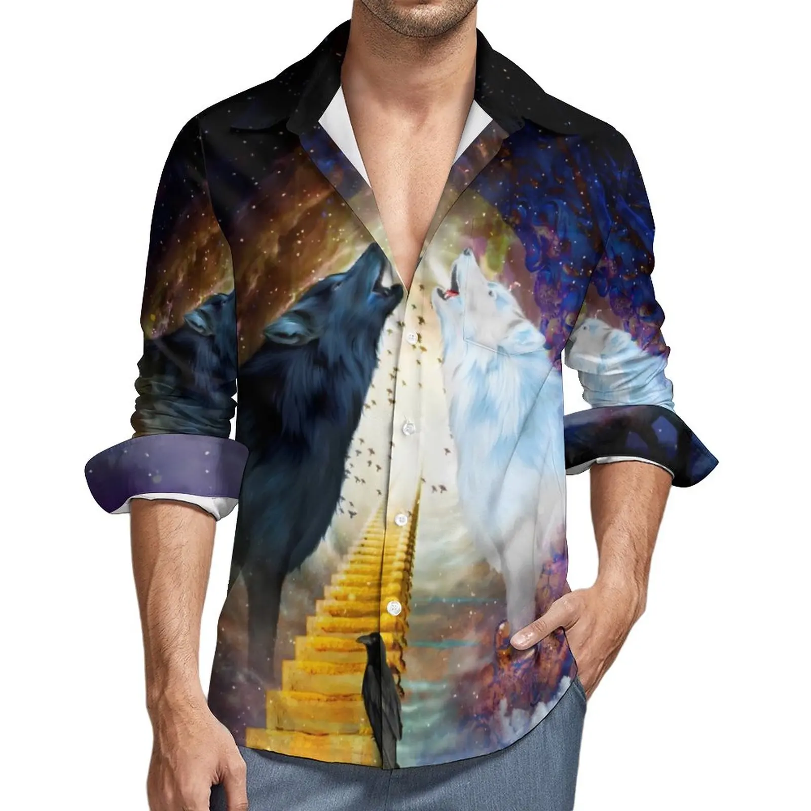 

Black And White Wolf Y2K Casual Shirt Mens Abstract Animal Shirt Autumn Novelty Blouses Long Sleeve Graphic Oversized Clothing
