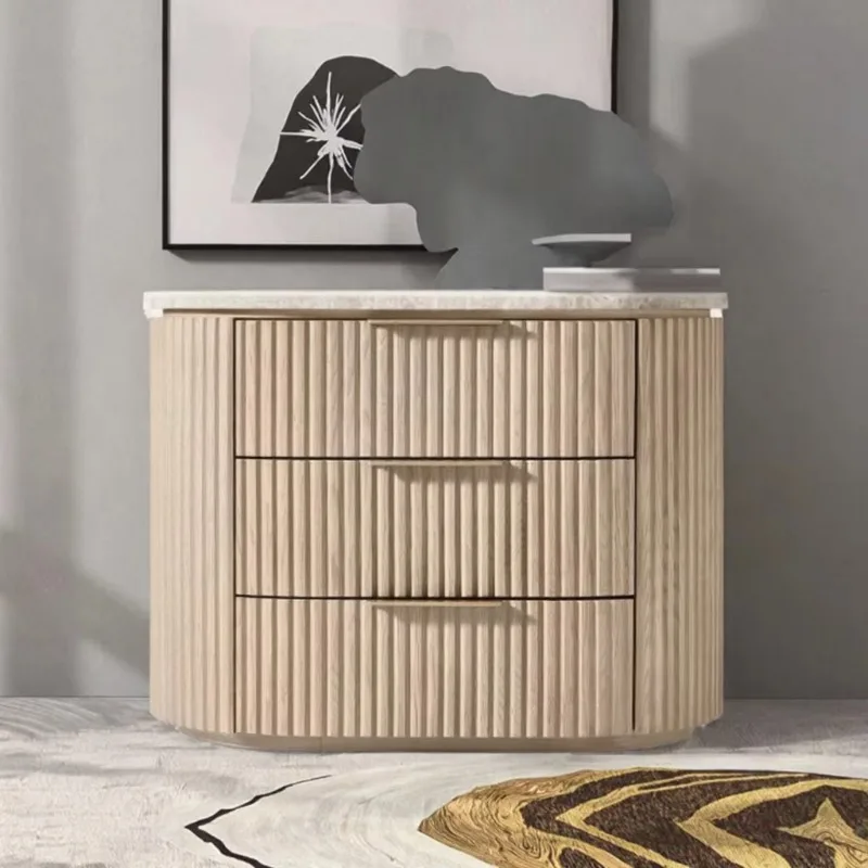 Retro oak wood bedside table with 3 wardrobe drawers and mirror top collapsible bedside table