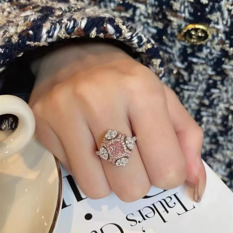 925 Sterling Silver Fashionable High-End Pink Diamond Ring Necklace Women'S Two-Piece Set Full Diamond Collarbone Chain Jewelry
