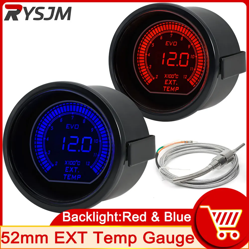 HD 52mm Exhaust Temperature Meter with Car Temperature Sensor Car Gauge EXT Turbo Boost Exhaust Gas Temp Gauges Auto 12V LED