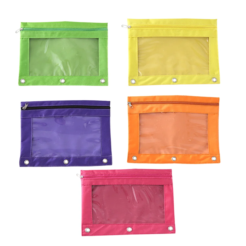 5Pcs Creative Transparent Zipper Pencil Case Three Hole Large Capacity Pencil Bag Oxford Pencil Bag(Yellow, Purple, Orange, Rosy