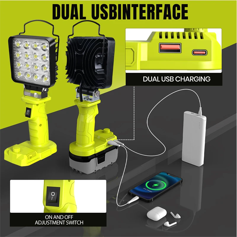 LED Alarm Work Light torcia proiettore torcia elettrica faretto lampada da campeggio per Ryobi 18V litio nichel One + batteria P108