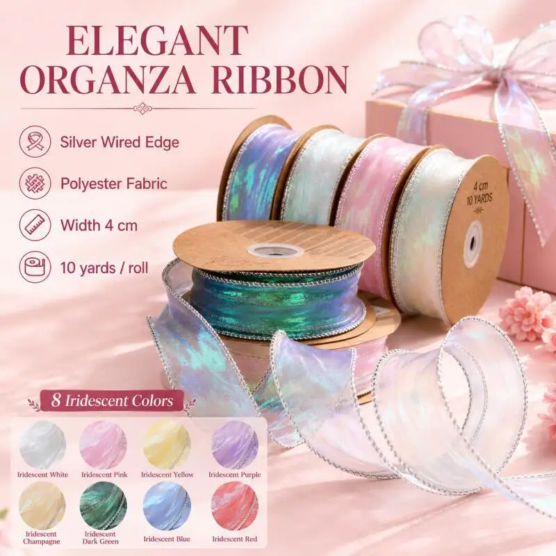 40 mm breites, 10 Yards pro Rolle Fischschwanz-Organzaband, für DIY-Geschenkverpackungen, Schleifen, Blumensträuße, Kränze und Nähzubehör. – Detail 1