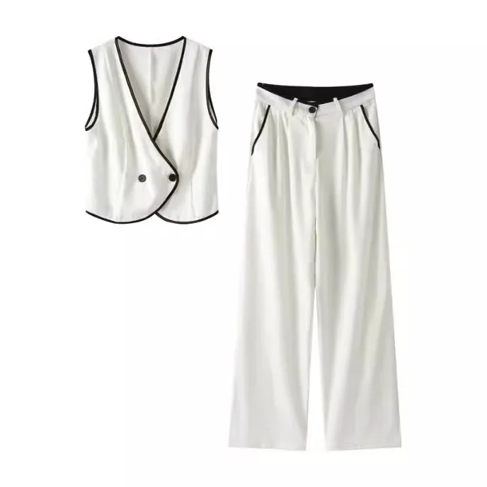 Pants Suit For WomenElegant Patchwork Vest, Single-breasted Sleeveless Vest, Wide-leg Pants 2024 New Style For Women2-piece Set