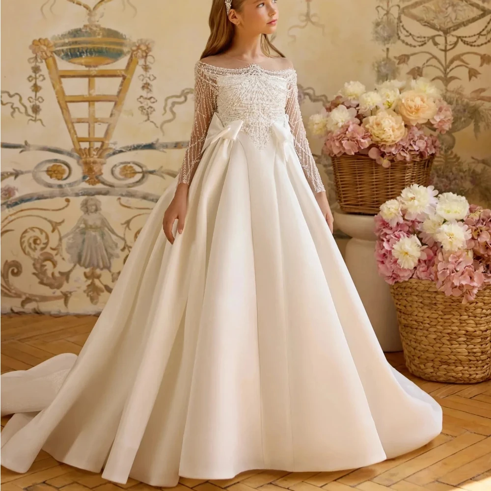 ชุดเดรสเด็กผู้หญิงหรูหราสำหรับงานแต่งงาน  แบบสั่งตัด ประดับลูกปัดและเลื่อม  ทรงบอลกาวน์ยาวกรอมพื้น  สำหรับงานวันเกิดเด็กผู้หญิง