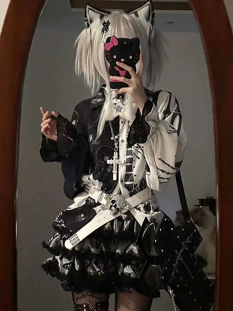 New Chinese Style National Style Han Elements Shirt Asymmetric Printing Lantern Sleeve Retro Punk Style Shirt