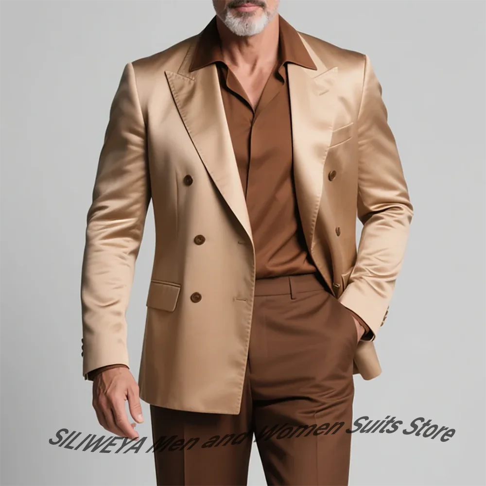 

Элегантные мужские атласные костюмы цвета шампанского, двубортный пиджак + шоколадные брюки, контрастный комплект из двух предметов, официальная одежда для вечеринок