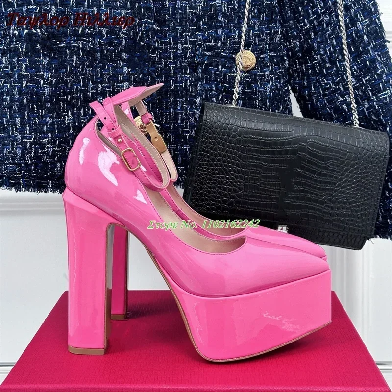 Genuine Leather Pointed Toe Waterproof Platform Pumps Spring New Buckle Strap Shallow Mouth Pumps Fashion Luxury Women\'S Shoes