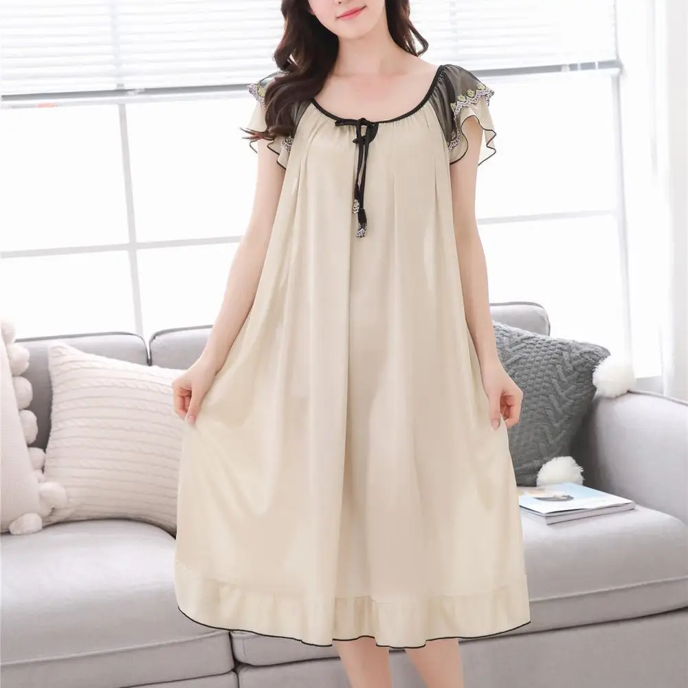 Lace-up Women Pajama Dress Faux Satin Front Hollow Ruffle Hem Nightdress Loose Fit Short Sleeve Night Dress Lady Nightgown