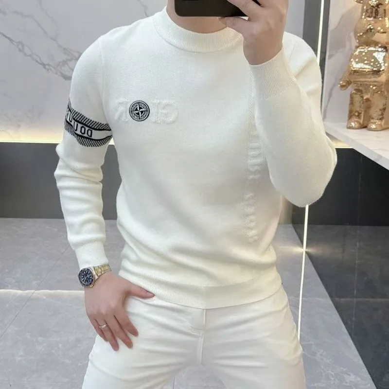 Luxury Brand Men's O-Neck Sweater Autumn/Winter New Item Exquisite Velvet Embroidered Thick Pullover Knitwear Top Men's Clothing