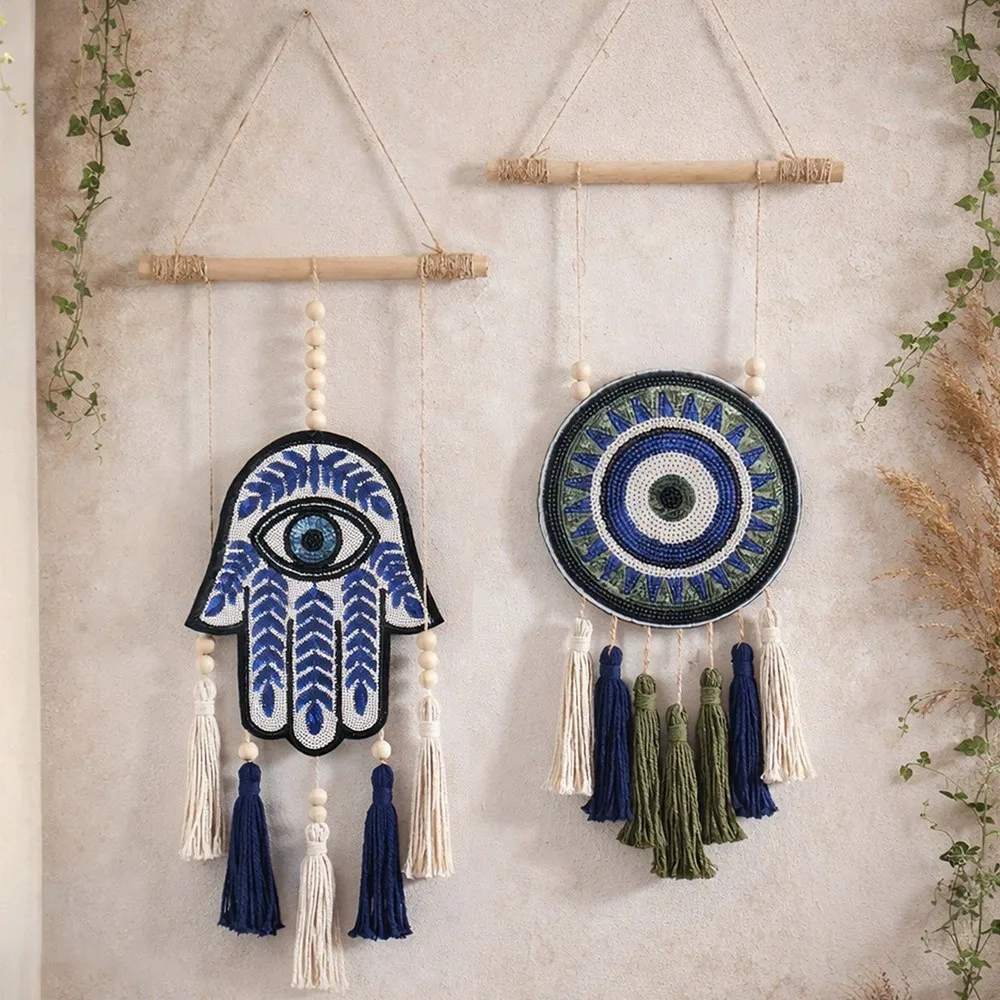 Boho Evil Hand Blue Eye Macrame Wall Hanging Handmade Cotton Tapestry Tassel Decor For Living Room Bedroom Witchcraft Spiritual