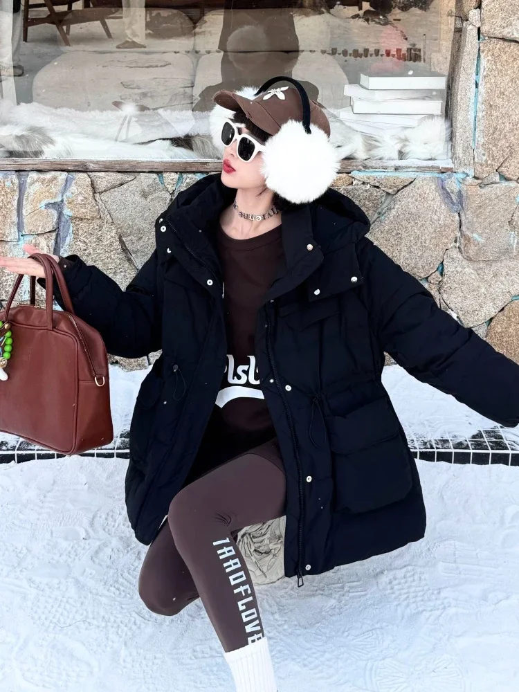 2025 موضة جديدة مقنعين منتصف طول سميكة الدافئة بطة أسفل معطف الإناث جديد الخريف الشتاء ملابس علوية النساء رقيق سترة منفوخة #5