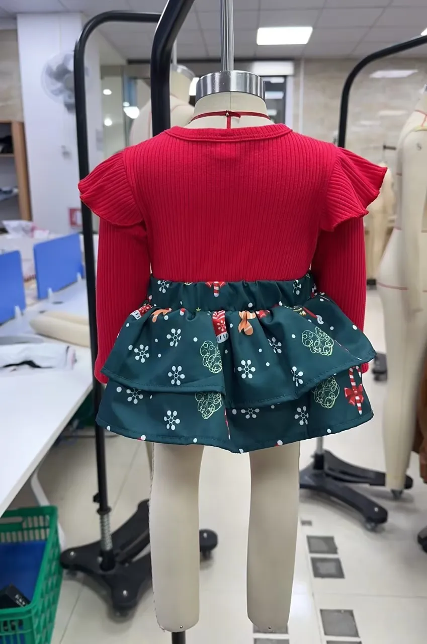 2026 السنة الجديدة موضة طفل رضيع فتاة عيد الميلاد رومبير فستان عيد الميلاد كم طويل رسالة سانتا قبعة طباعة رومبير مع القوس عقال #6