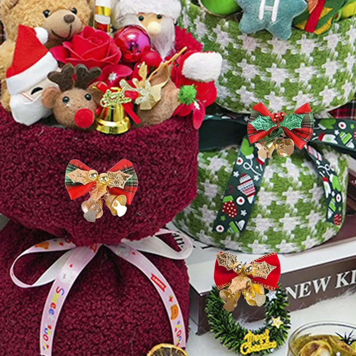 Weihnachtsschleifen mit Glocken zum Basteln, Weihnachtsschmuck, Mini-Schleifen in großen Mengen für Weihnachtsbaumschmuck/Geschenkverpackungen/Kränze – Detail 7