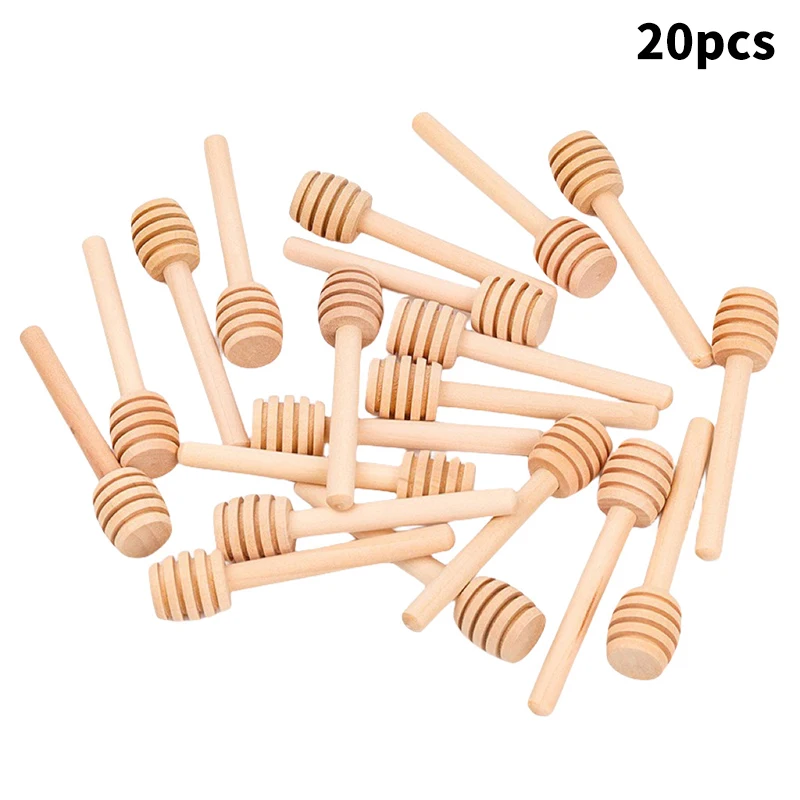 20pcs High Quality Durable Long Stick Honey Stir Bar Mixing Handle Jar Spoon Practical Wood Dipper Honey Kitchen Accessories 8CM