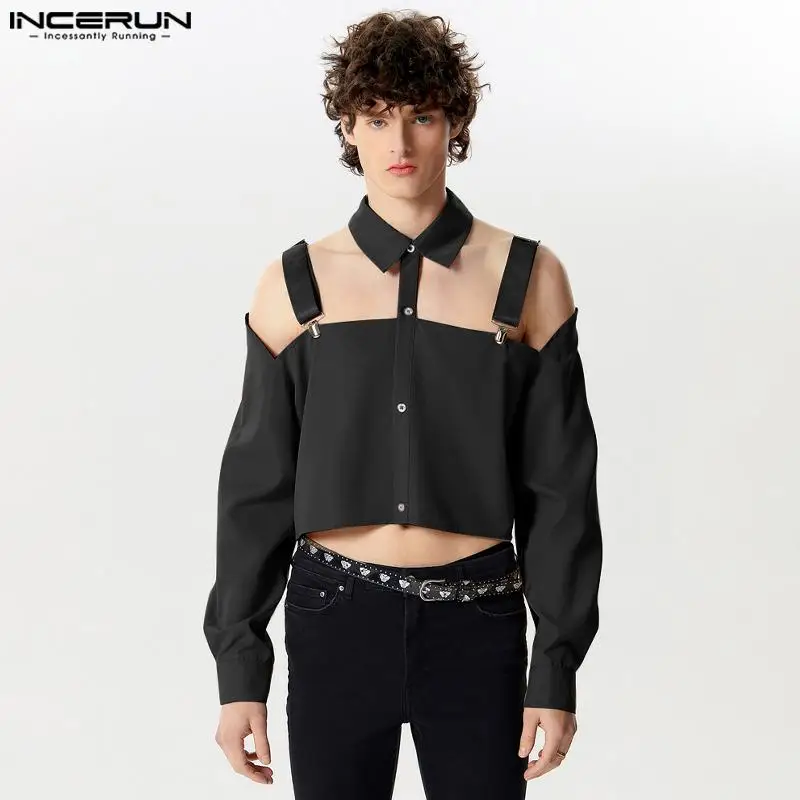 Men\'s Shirt Hollow Out Lapel Long Sleeve Button Male Crop Tops Sexy Solid Color 2024 Streetwear Fashion Casual Camisas INCERUN