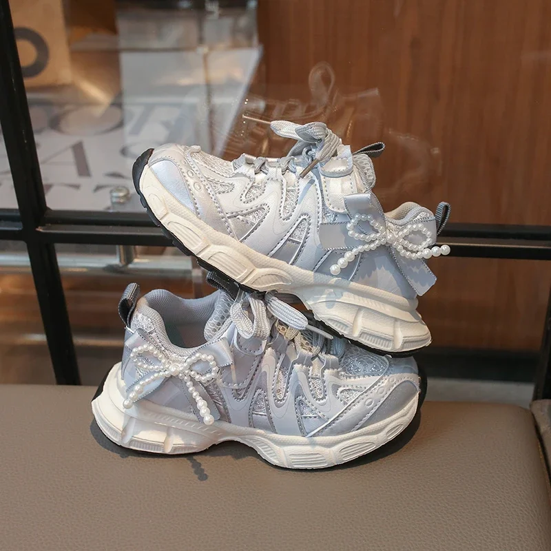 Toddler Girls Chunky Dad Sneakers, Spring Autumn Pearl Bow Decor Hook Loop Casual Shoes, Soft Leather Round Toe Platform Shoes