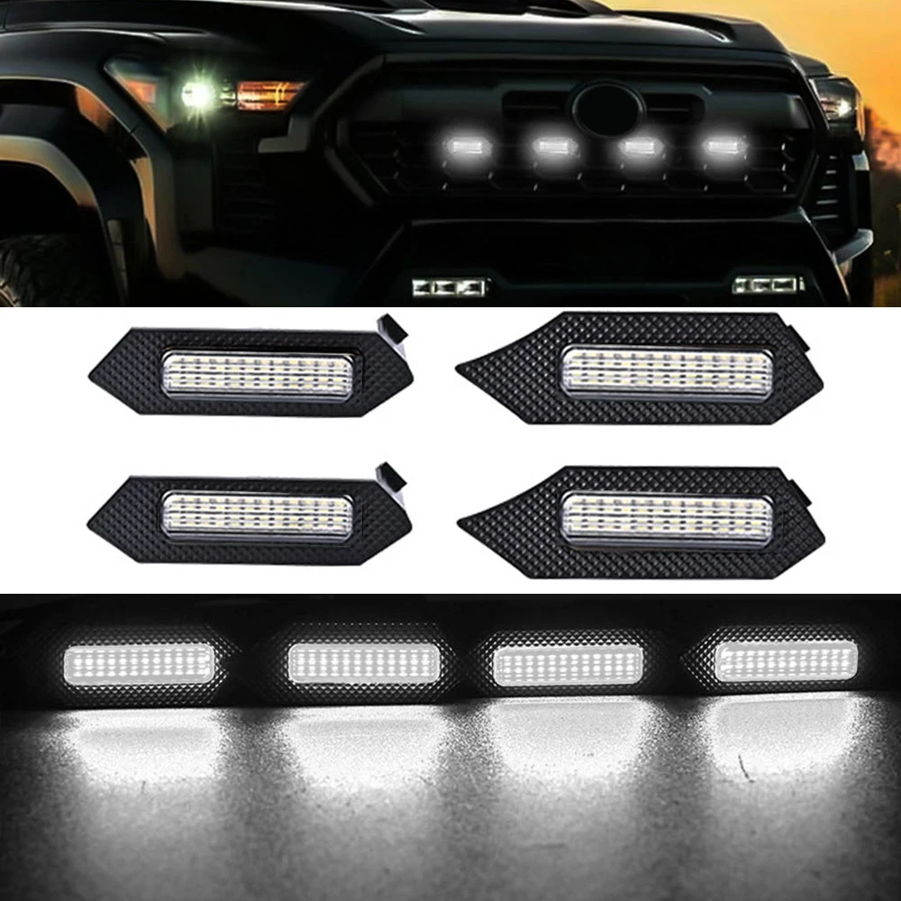 4Pcs Grill Car LED Light For Toyota Tacoma 2024 TRD Trailhunter Front Grille Lights Amber Warning Daylights DRL White Blue Red