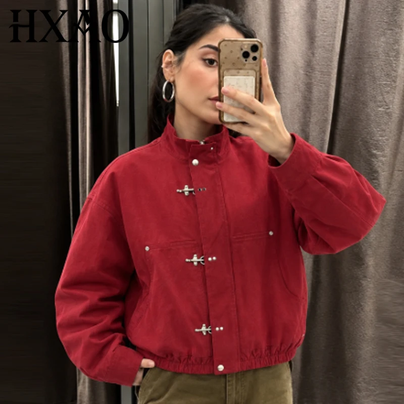 HXAO Women Unisex Red Loose Jacket Autumn 2026 Oversized Crop Bomber Jacket Buckle Long Sleeve Stand Collar Outerwear Chic Coat