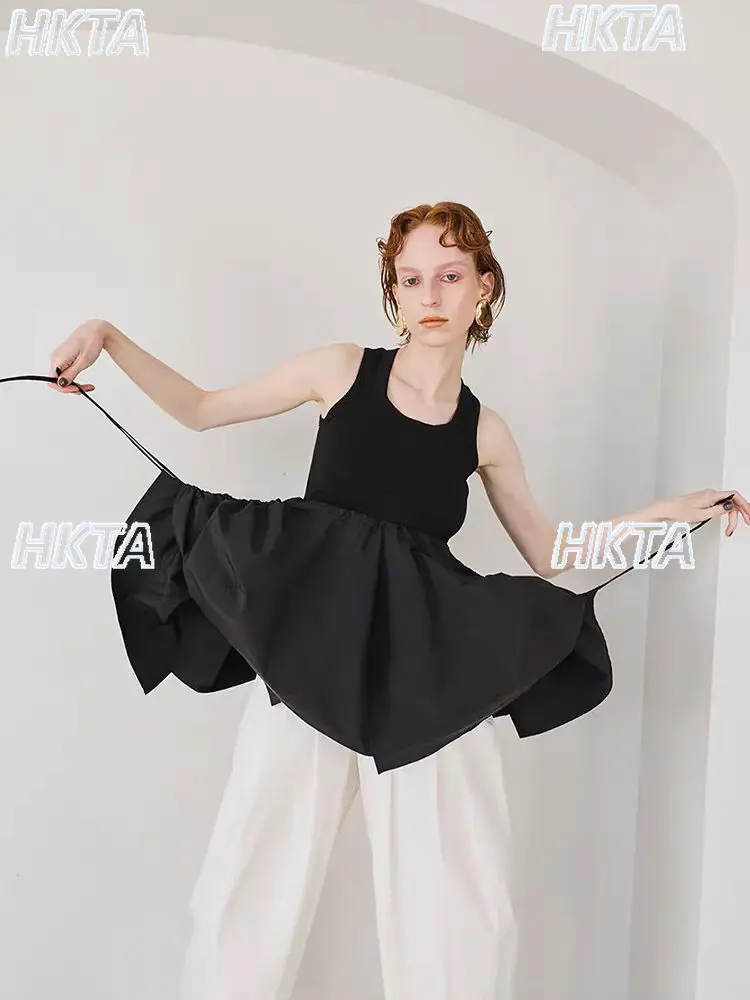 Japanese Splicing Drawstring Slim Black Vest Summer New Irregular Three Dimensional Pleated Bud Sleeveless Puffy Tanks Top Women