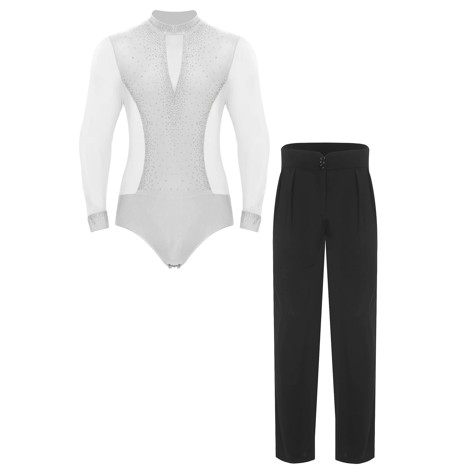 Männer Eiskunstlauf Latin Dance Cha-cha Tango Gesellschaftstanz Outfit Langarm Strass Mesh Body mit Hosen Dancewear