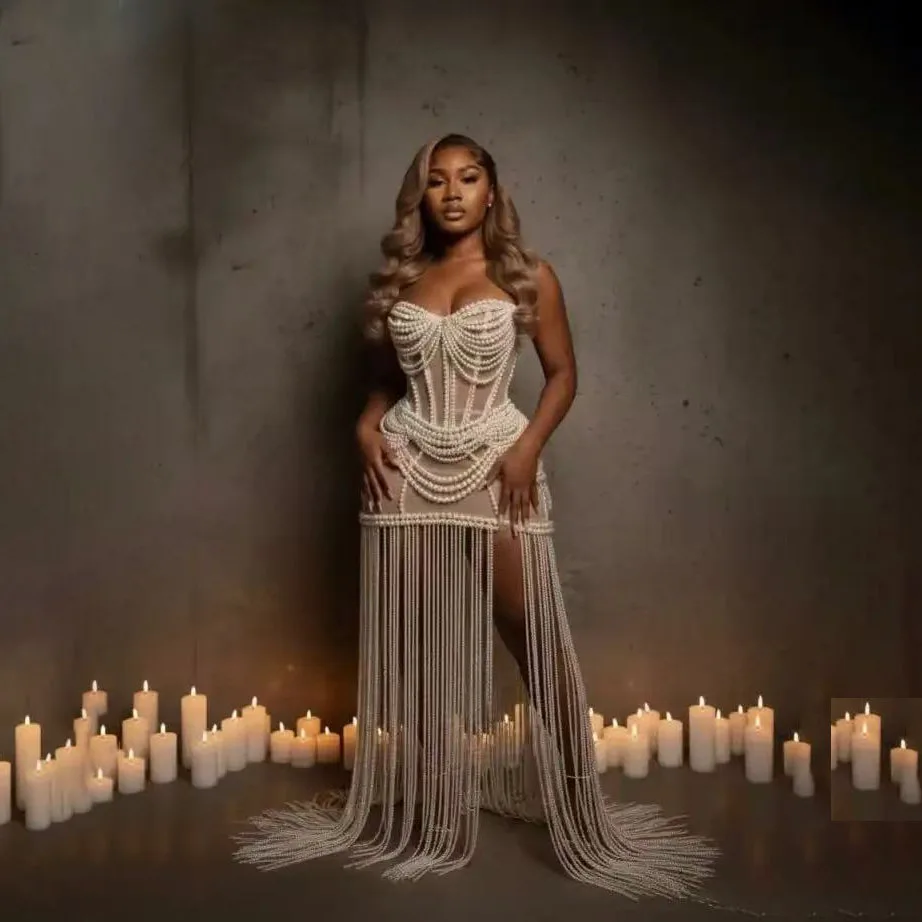 Gorgeous Pearls Chain Prom Dress With Corset Off Shoulder Birthday Formal Gowns See Through Bead Evening Dresses