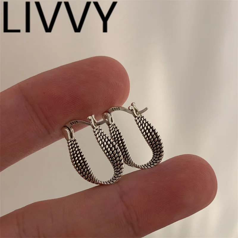 LIVVY Thai Silver Vintage Punk Earrings For Women Couples Korean Fashion Simple Geometric Handmade Birthday Party Jewelry