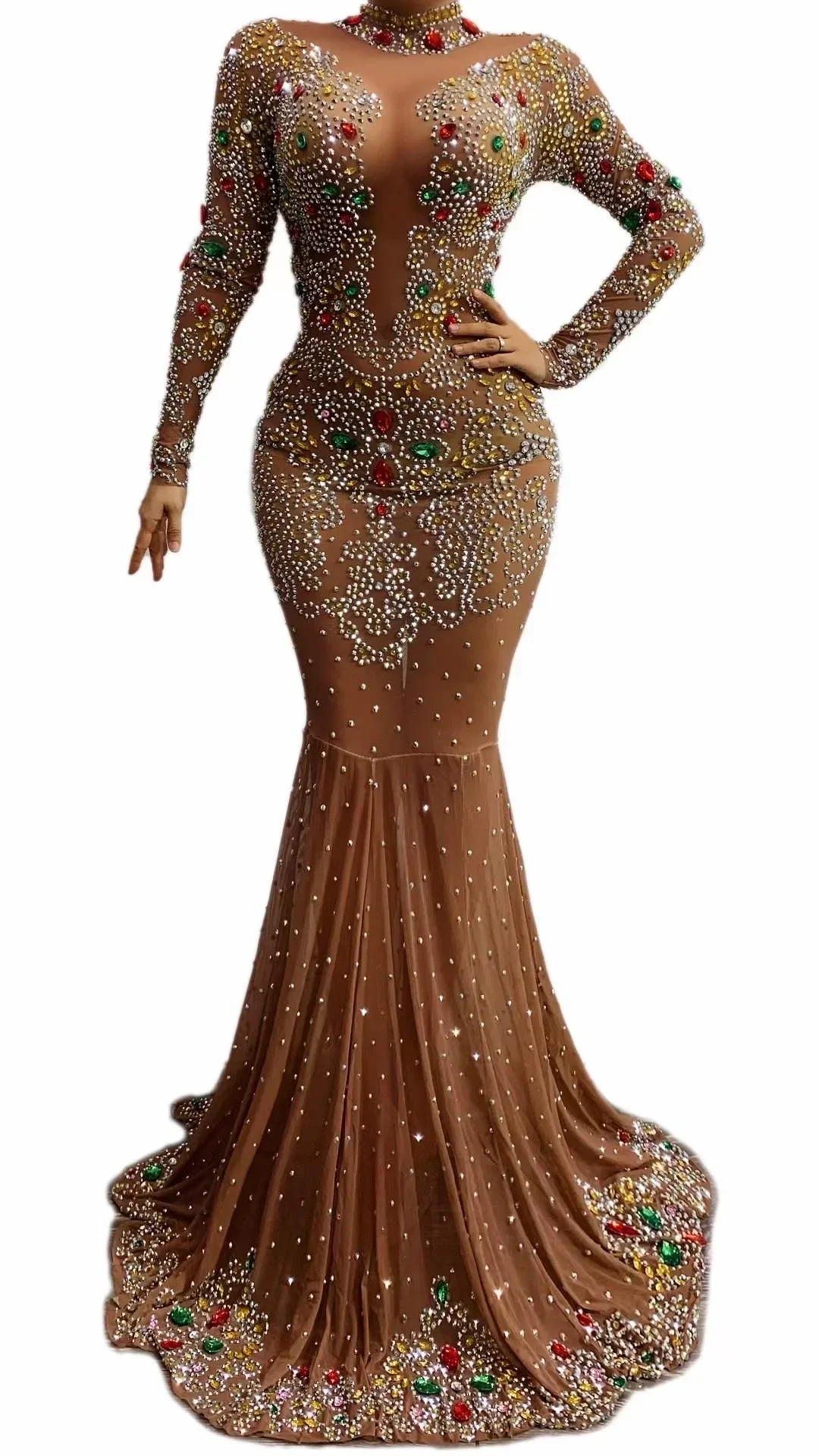 Abito sexy lungo marrone con strass brillanti per le donne, banchetto serale, abbigliamento, festival, sala da ballo, costumi da intrattenimento