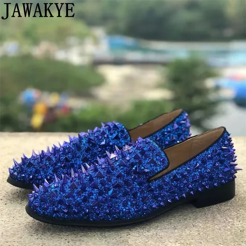 Jakakye-zapatos planos clásicos con remaches brillantes para hombre, mocasines sin cordones de punta redonda, coloridos, moda semanal