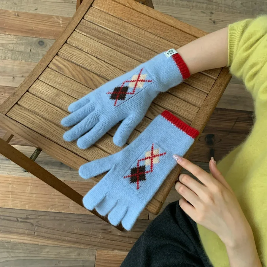 Korean Style Diamond Lattice Jacquard Knit Wool Gloves Women Autumn Winter Touchscreen Fingerless Warm Separate Finger Gloves