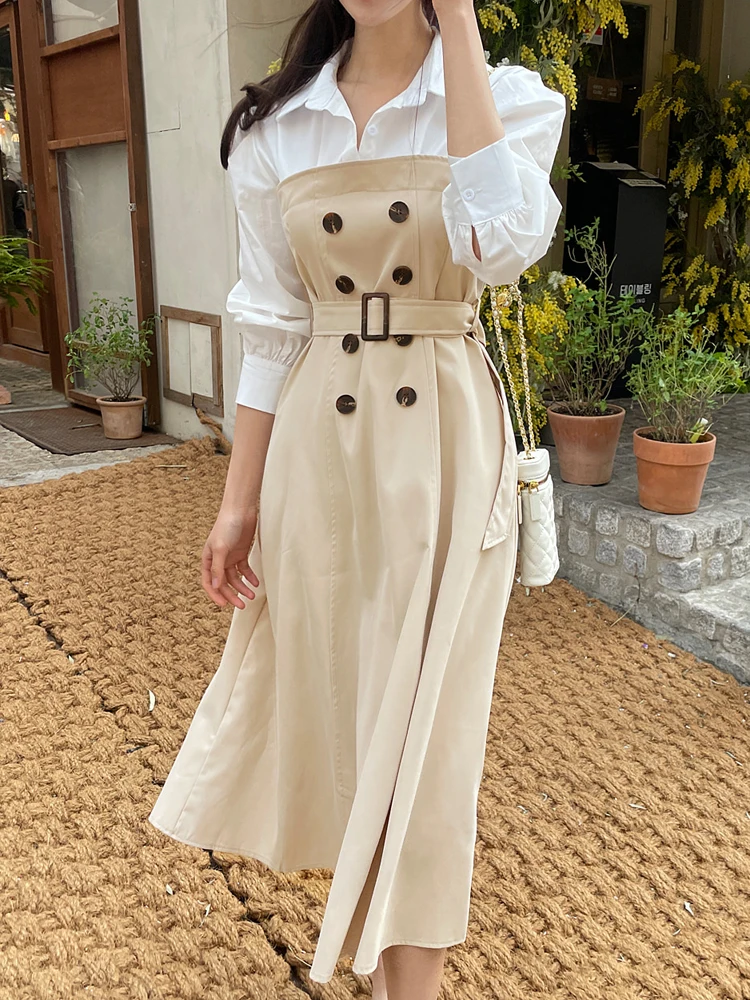 

Spring Fall Women Dress Elegant Korean Fashion Double Breasted Long Patchwork Long Sleeves Faux Two Pieces Dress