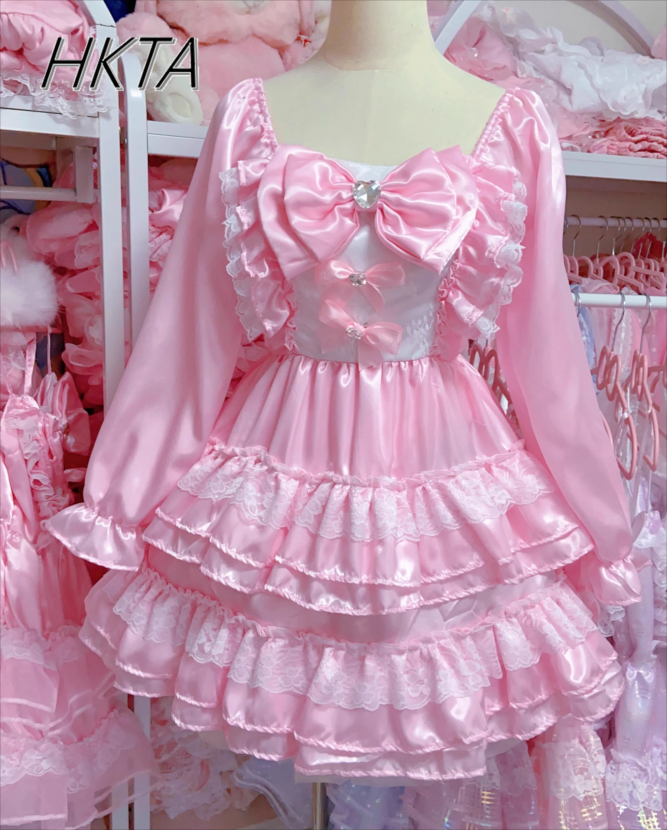 Lolita doce kawaii pescoço quadrado pétala manga longa rosa vestidos curtos feminino verão novo laço arco cintura em camadas bolo vestidos inchados
