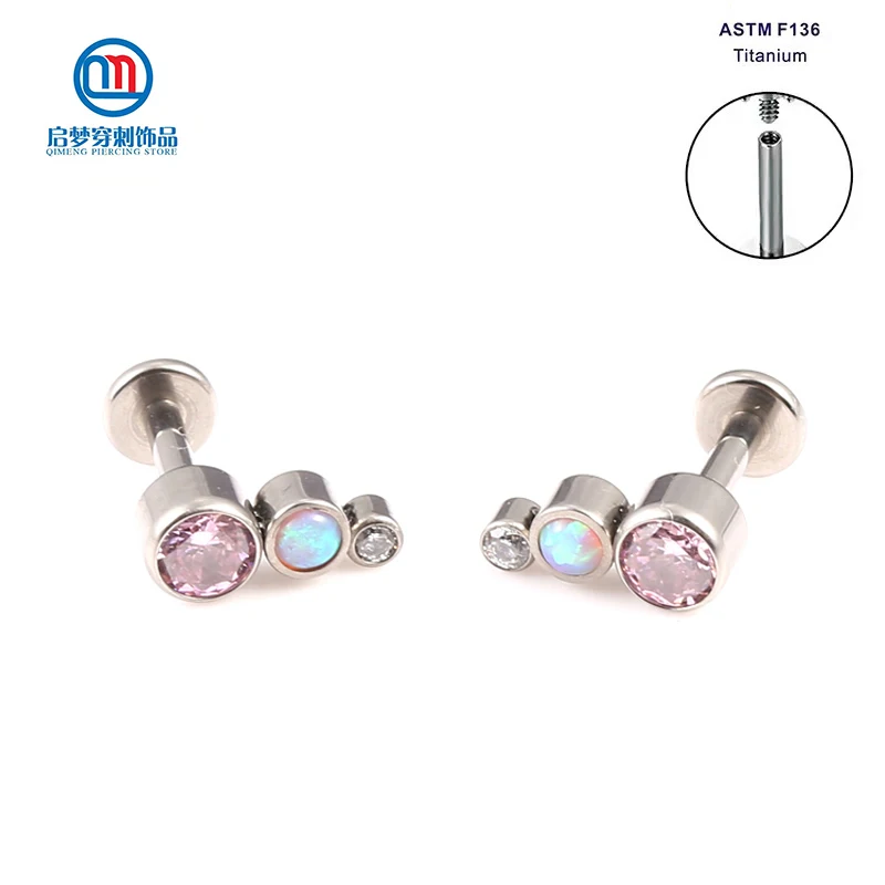 QM ASTM F136 Implant Grade Titanium  Internally Threaded Pink Curved Cluster Labret Ring Ear Helix Lip Stud Piercing Jewelry