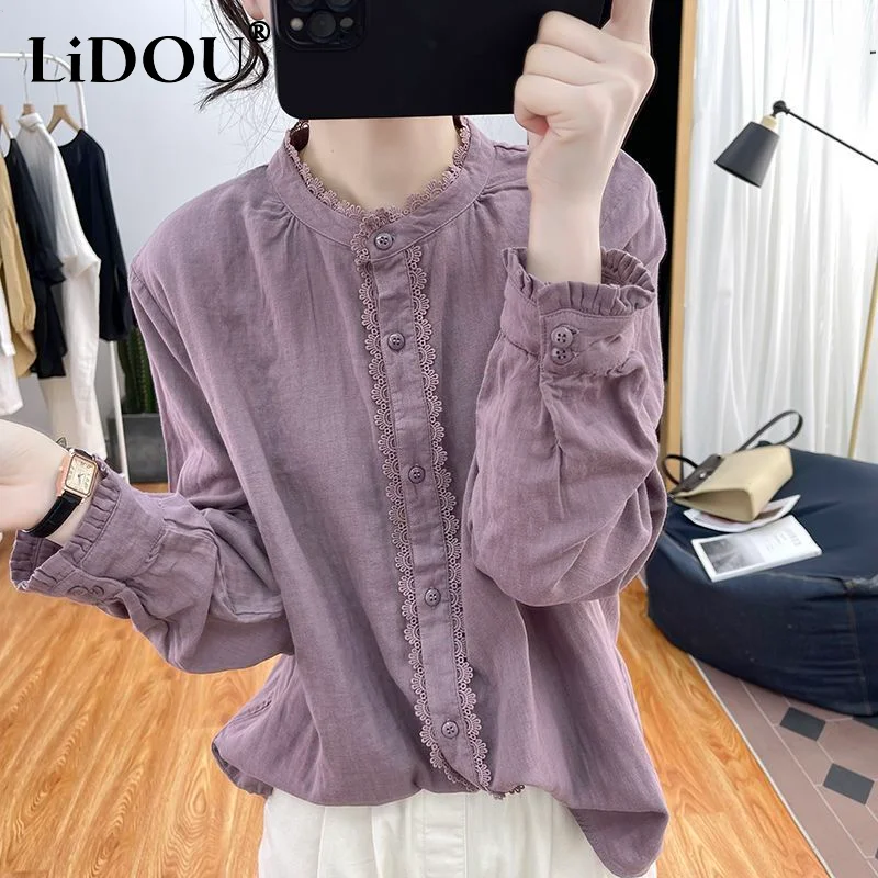 Camisa de manga larga con cuello redondo para mujer, camisa holgada de un solo pecho con volantes de encaje de Color sólido, estilo coreano para