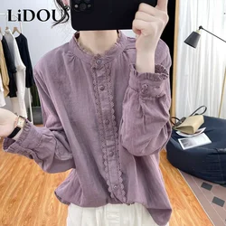 Camisa de manga larga con cuello redondo para mujer, camisa holgada de un solo pecho con volantes de encaje de Color sólido, estilo coreano para oficina, primavera y verano, novedad de 2023