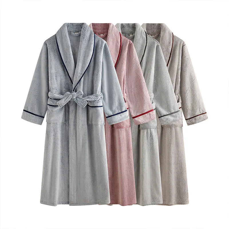 

Flannel Thickening Velvet Couple Bathrobe Autumn Winter Men'S Long Section Coral Fleece Nightgown Female Sleepwear