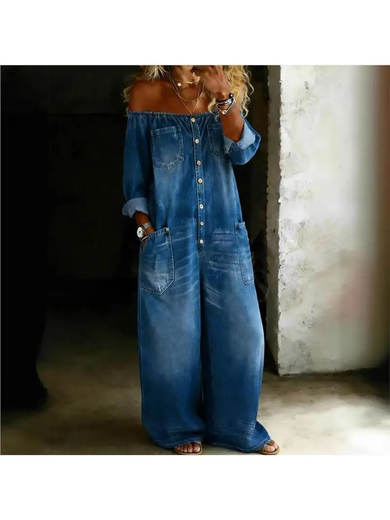 Mode Retro Imitatie Denim Jumpsuit voor Dames Zomer 2026 Enkelrijig Off-shoulder Lange Losse Jumpsuit Overall Broek - afbeelding 2