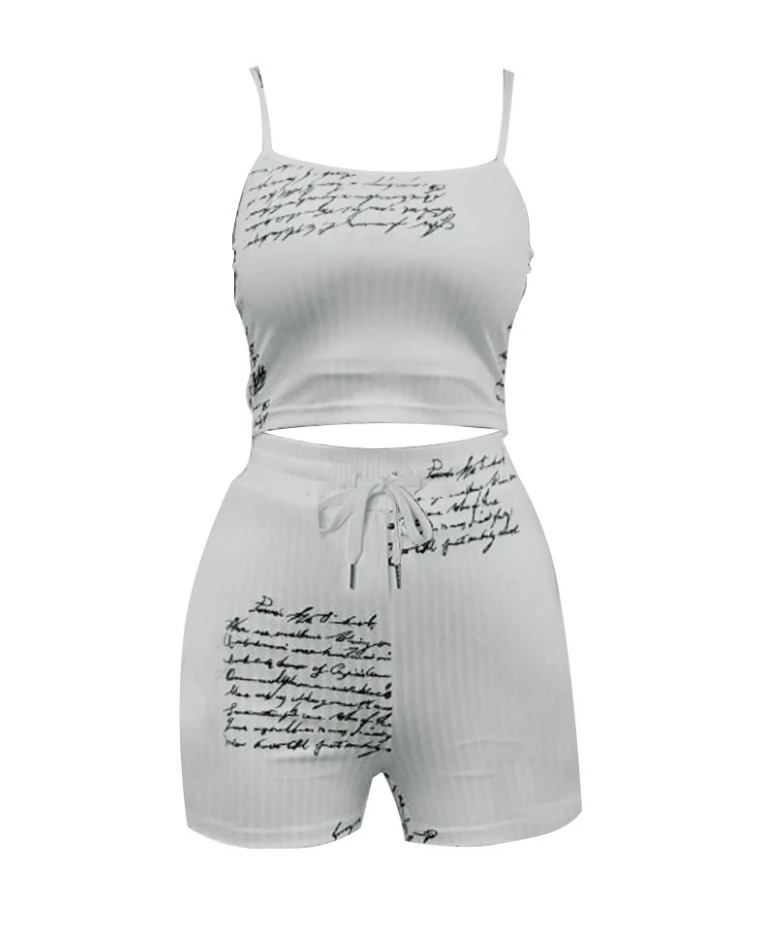 3 Piece Set Women Outfit 2024 Summer Fashion Letter Print Square Neck Crop Cami Top & Casual Drawstring Shorts Set with Coat