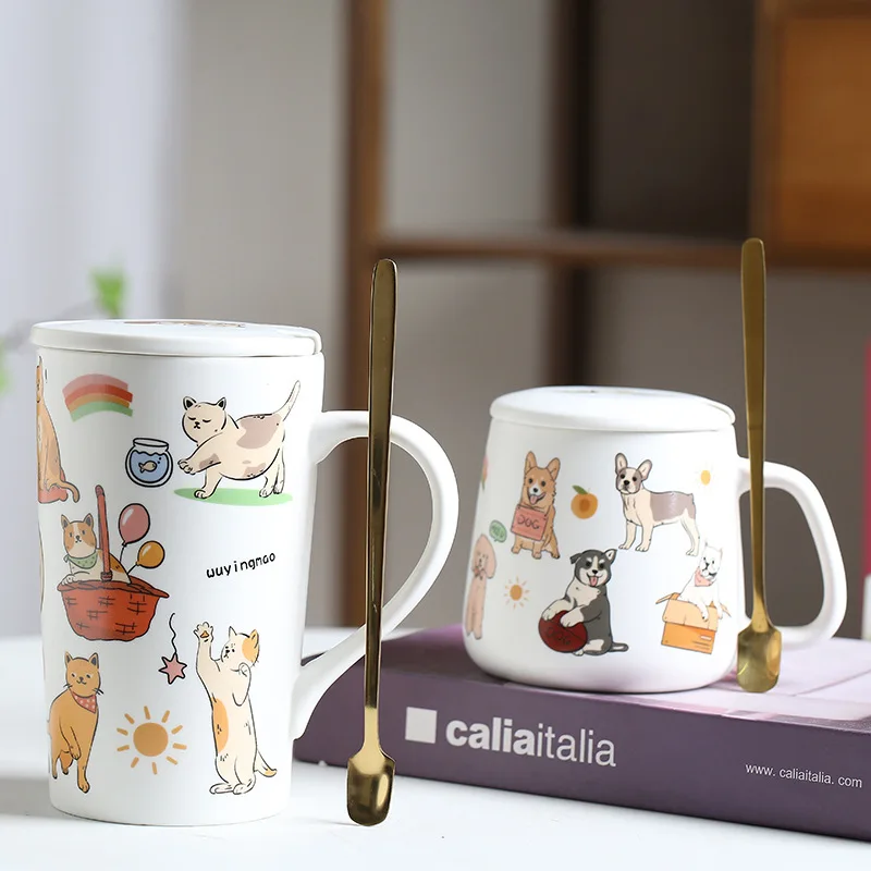 Cartoon Cat and Dog Cup Ceramic Drinkware Mug Coffee Mug Spoon with Lid Office Breakfast Milk Water Mugs Couple Desk Decoration