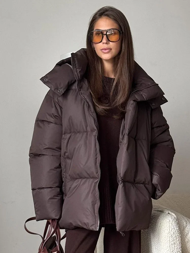 Vintage Solid Color Lapel Hooded Warm Down Coat Elegant Zipper Long Sleeve Warm Cotton Jacket 2024 Winter New Lady Commuter Wear