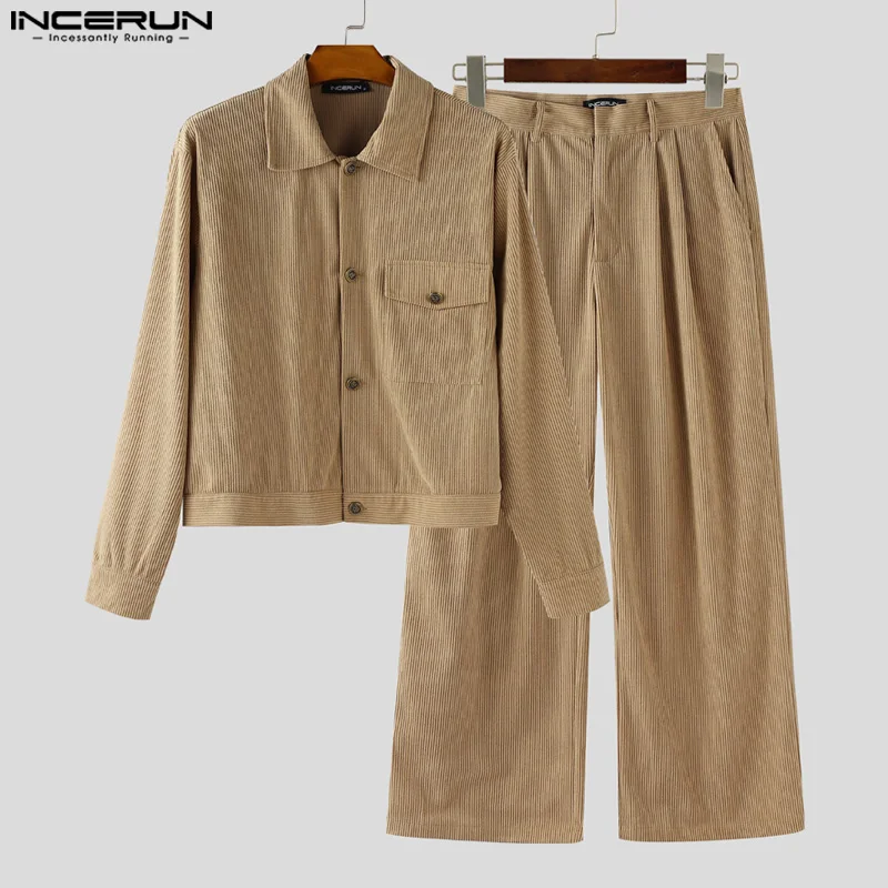 

INCERUN Мужские комплекты Вельветовые однотонные куртки с длинными рукавами и брюки с лацканами Комплекты из двух предметов Уличная одежда Модные мужские повседневные костюмы